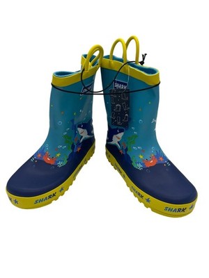 Toddler Shark Design Rubber Rain Boots Size 13 Waterproof Durable Blue / Yellow