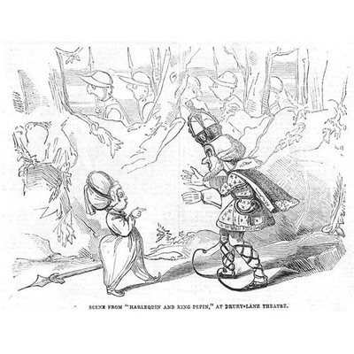 THEATERSZENE aus Harlekin & King Pepin in der Drury Lane - antiker Druck 1843