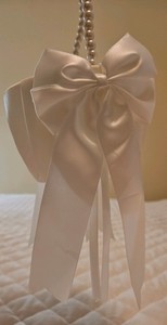 White Satin Flower Girl Basket with Pearl Handle and Bow Accent for Wedding