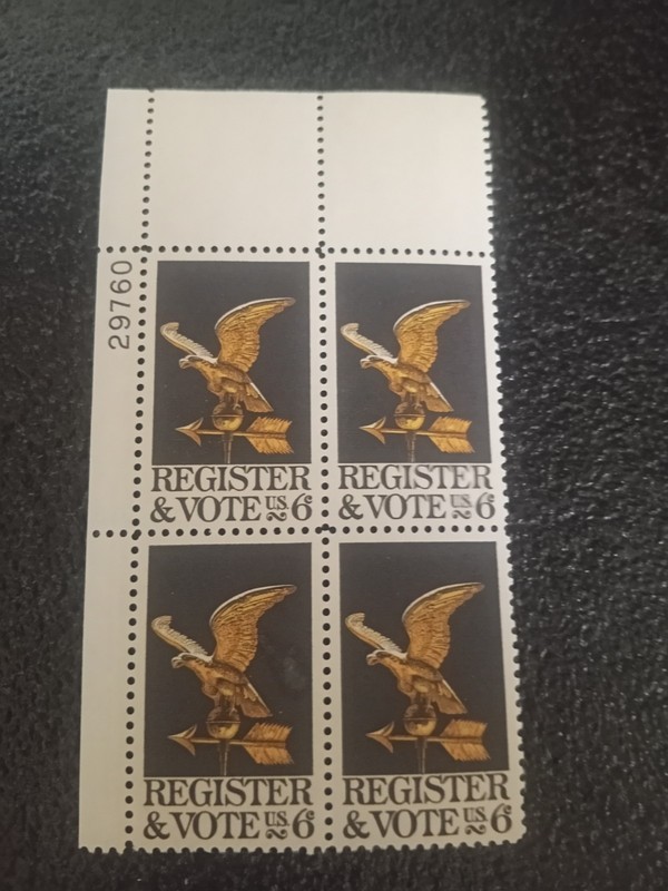 US Scott # 1344, Register and Vote, Plate Block of (4) 1968 6¢ Stamps, MNH