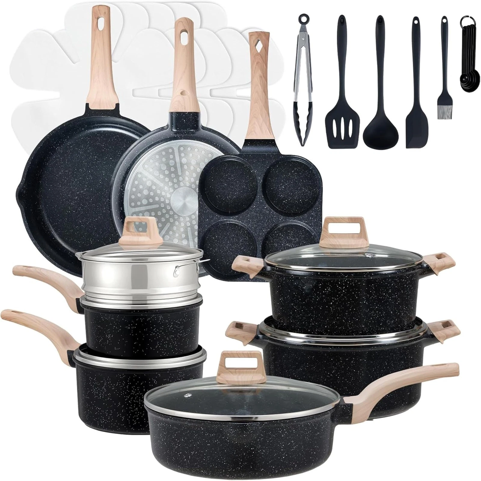 25Pcs Ceramic Cookware Set, Nonstick & Non-Toxic Healthy Pots and Pans Black