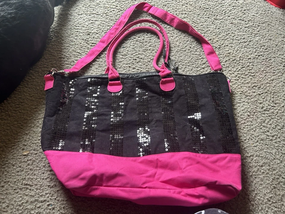 "Bolso de Mano Victoria's Secret Weekender Grande Negro Rosa con Lentejuelas Bling 23"" de Largo" Foto 4 de 4