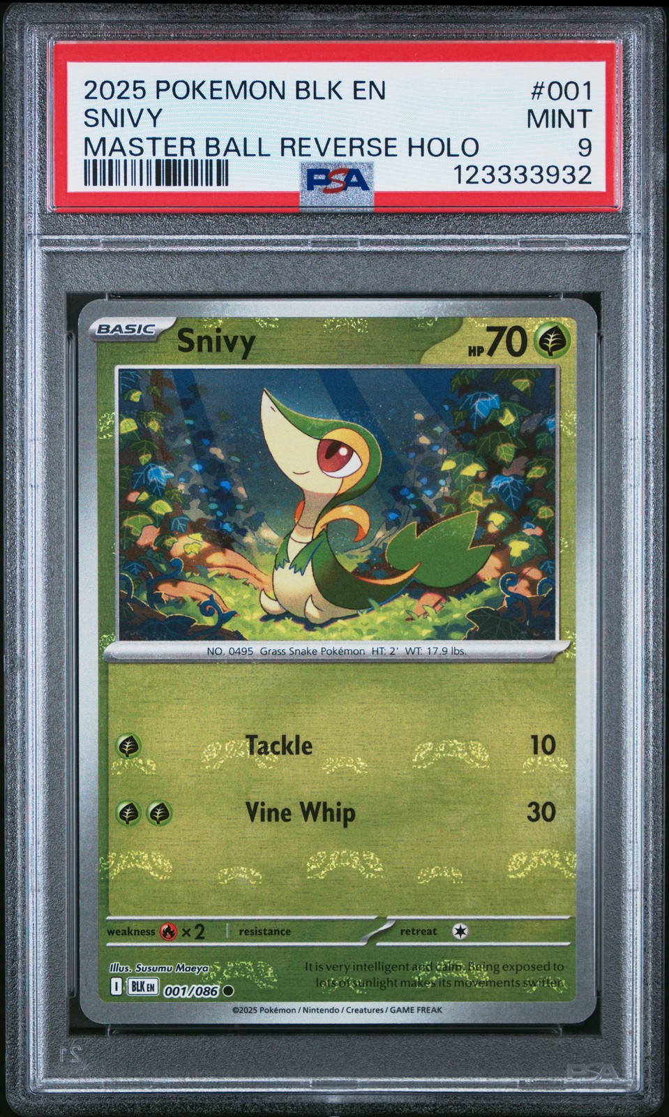 2025 POKEMON BLK EN-BLACK BOLT MASTER BALL REVERSE HOLO #001 SNIVY PSA 9