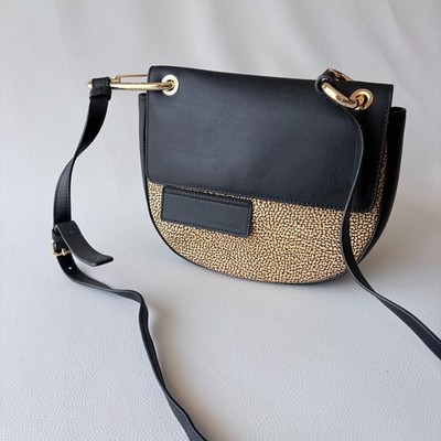 Borbonese Italy Black Leather Op Art Occhio di Pernice Saddle Shoulder Crossbody
