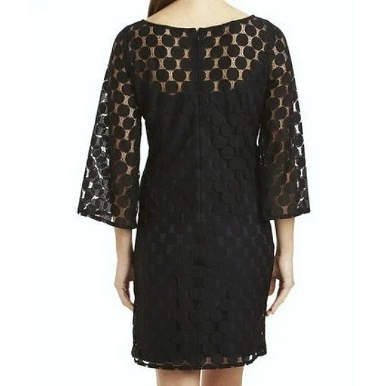 Muse Black Polka Dot Lace Bell Sleeve Shift Little Black Party Dress LBD Size 4 - Image 2 of 4