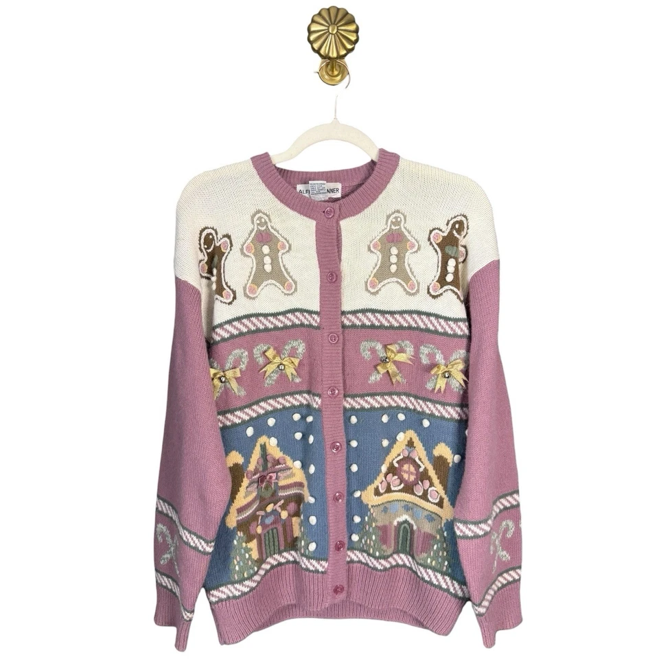 Cárdigan Suéter Vintage Gingerbread House Navidad Rosa Multicolor Mujer’s M Foto 2 de 4