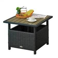 Outdoor Wicker Patio Accent Table for Garden Backyard Poolside w/ Umbrella Hole