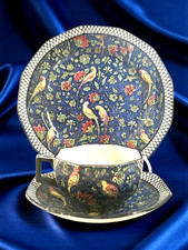 Antique c1912 Royal Doulton PERSIAN PARROTS Blue Chintz Cup Saucer/Salad Plate