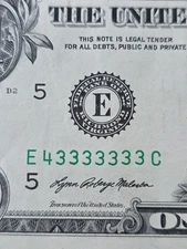 $1 2021 (SEVEN IN A ROW) VERY RARE 3'S FANCY SERIAL NUMBER E43333333C VHTF ERROR