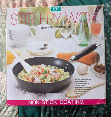 Professional Use Stir Fry Wok Steel w Non Stick Coating Utensils NEW IN BOX 10''
