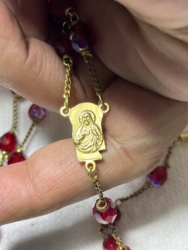 Antique Christianity 10k Solid Gold Rosario Red Beads And Crosefex Necklace - Picture 11 of 13