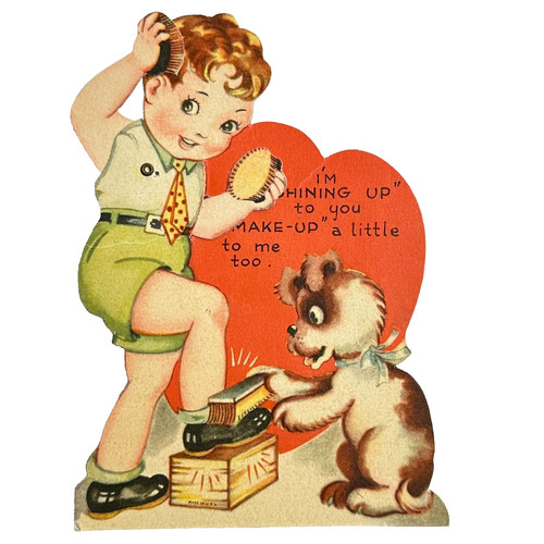 Vintage Mechanical Valentine Young Boy Gets Shoe Shine Brushes Hair