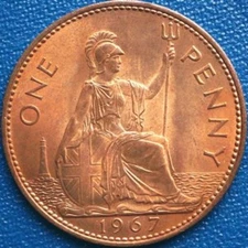 1967 Vintage Old Style British QE II Britannia Penny Coin (1d). With LUSTRE 👑