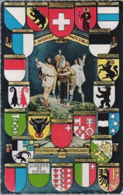 Postcard from Switzerland around 1960 with coat of arms of all cantons, BLANK