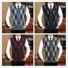 Men Knitted Checked Waistcoat Sleeveless Cardigan Sweater Tank Top Gilet Vintage