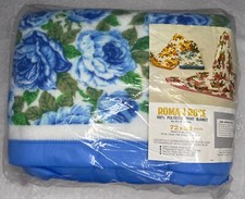 NEW VTG 70s Floral Blue Roses 72x90 White Blanket Full Twin Nylon Binding USA