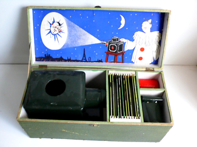 RARE COFFRET LANTERNE MAGIQUE COMPLÈTE AVEC SES PLAQUES 37x16cm TÔLE