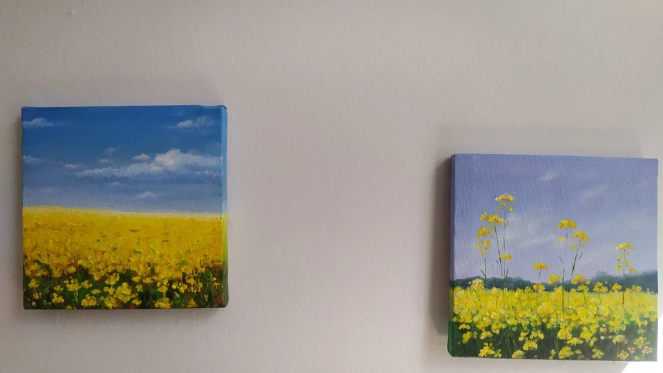 Landscape art. painting on canvas with stretcher 5/5 in. small art. rape field. - Image 3 of 4