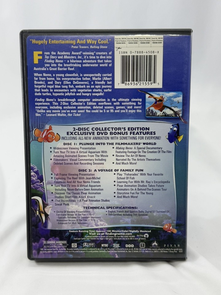 Disney's Finding Nemo 2003, 2-Disc Set DVD Collector's Edition Rated G ...