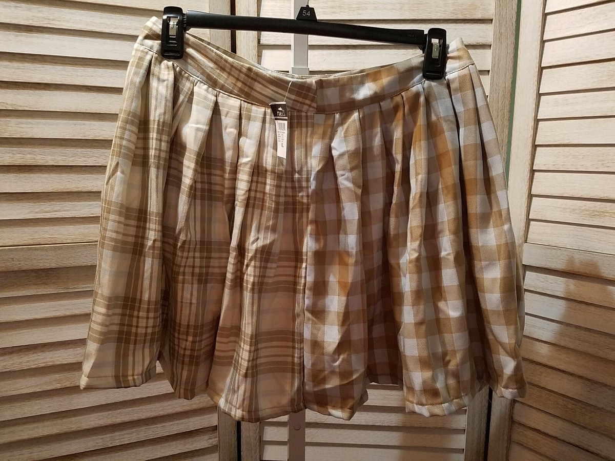 Rue 21 Womens Skirt Size 4X Brown Blue Plaid Pleated Side Zip
