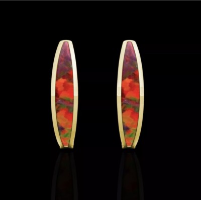 Echte 14K Gelbgold dunkelrot Opal Ohrringe diamantgeschliffen Damen Reifen Umarmungen