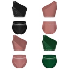 Women Costume Dance Top With Briefs Rhinestone Set Ruched Outfit Figure Skating