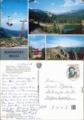 Postcard Demänovská Dolina cable car, Tatras, hotel, lake 1989