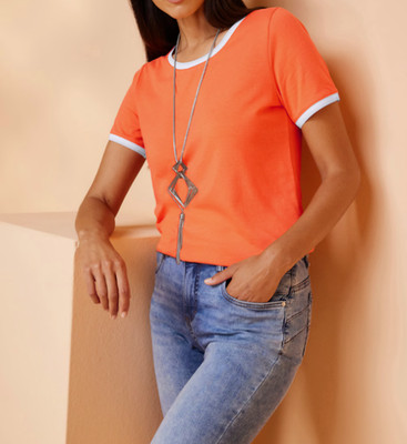 144183- Heine Damen Shirt  kurzarm  T-Shirt orange - weiß NEU Gr. 36 - 50