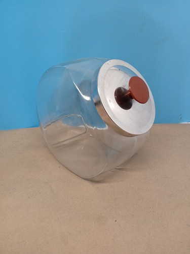 Vintage Large Glass General Store Tilted Candy Cookie Jar Red Knob Chrome Lid