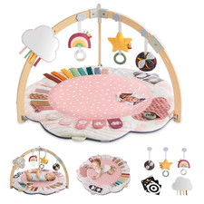 Baby Play Gym Activity Mat, 5 Developmental Zones Wooden Tummy Time Mat with 5