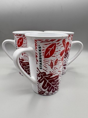 Set Of 3 Starbucks Mugs Fall Autumn Leaves Red Orange White 11 Oz 2017