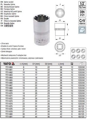 Yato Steckschlüssel Spline 1/2'' X 8mm X38-42mm Freie Auswahl