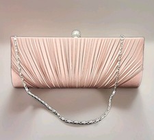 VTG Jessica McClintock Blush Pleated Satin Evening Clutch Rhinestone Clasp Chain