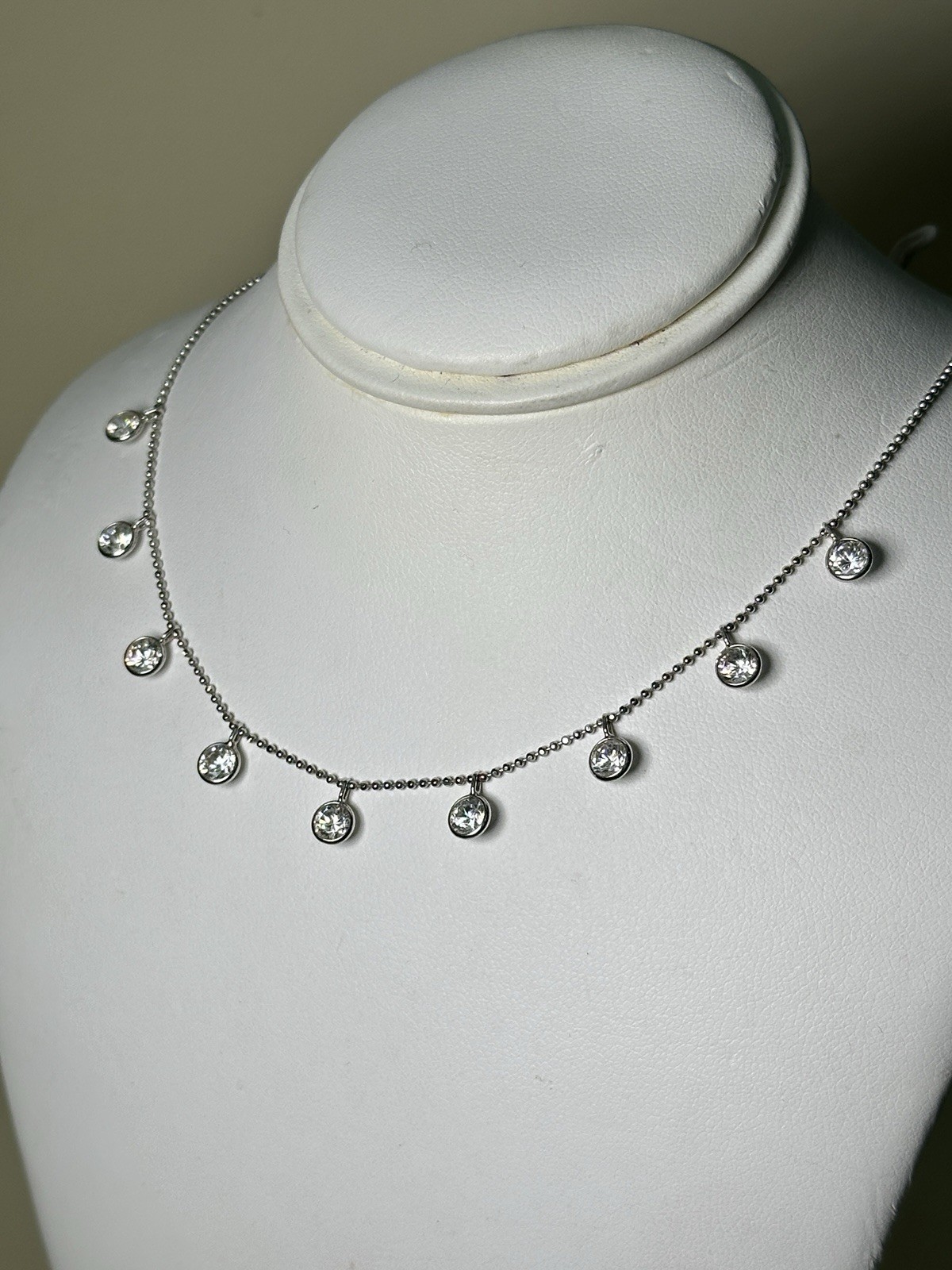 Solid 14K White Gold Dangle Station Necklace & CZ… - image 1