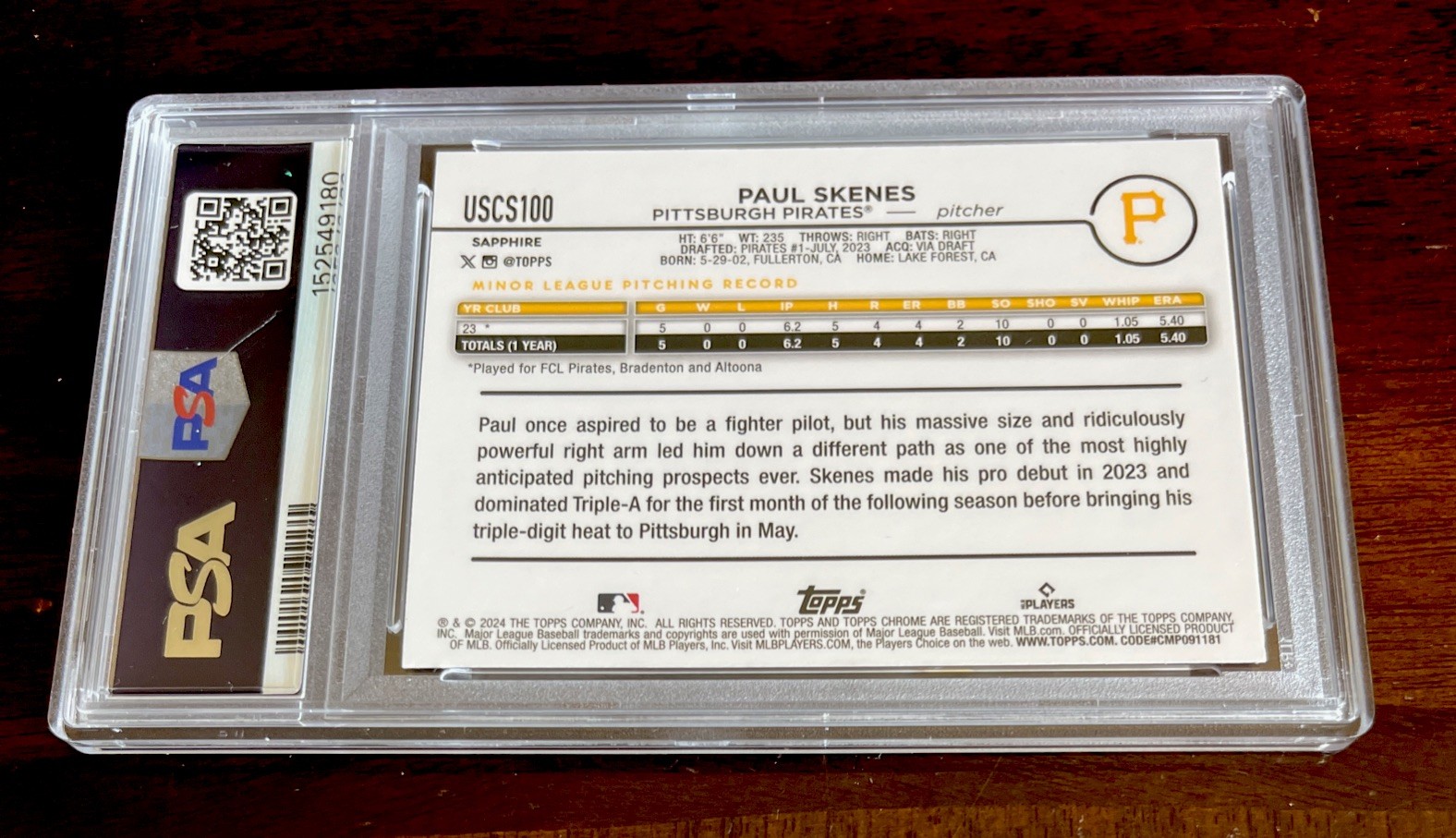 2024 TOPPS CHROME SAPPHIRE UPDATE SERIES #100 PAUL SKENES Rookie PSA 9 view 2