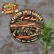 Classic Hot Rod Muscle Car Speed Garage Retro Round Metal Tin Sign Plaque