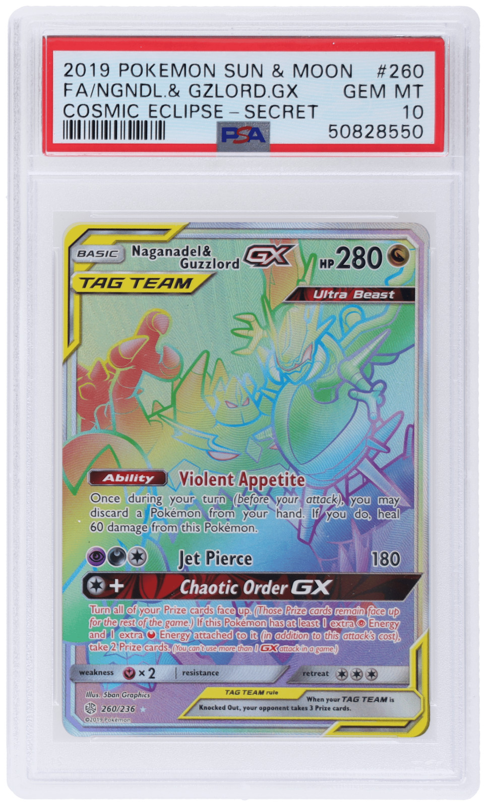 2019 Pokemon SM Cosmic Eclipse Guzzlord/Naganadel Gx Secret Rare #260 PSA 10