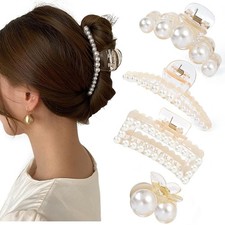 4 PCS Large Pearl Hair Claw Clips for Women Girls, Hair Barrette Clamps for