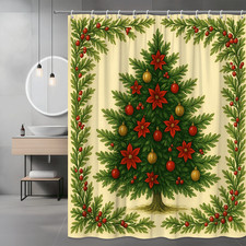 Christmas Tree Shower Curtain with Red Flowers and Ornaments
