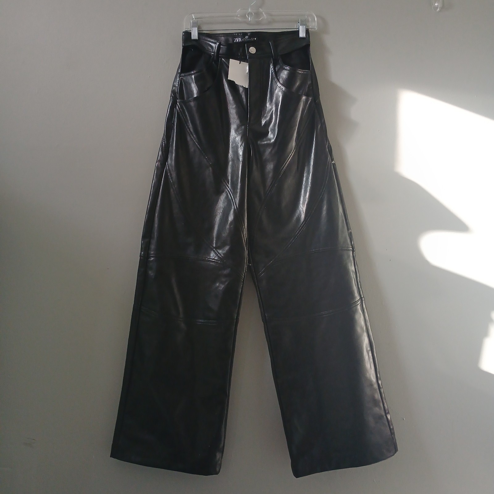 Zara Women's Size Small Cutout Hips Black Faux Leather Wide Leg Pants  NWT!!!