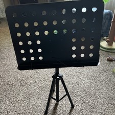 Black Metal Perforated Height-Adjustable Tripod Sheet Music Stand, 1 Tier