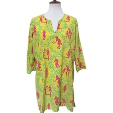 Gretchen Scott Designs Sea Horse 3/4 Sleeve Tunic Cover-Up Dress Yellow/Pink L