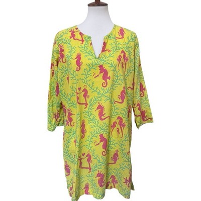 Gretchen Scott Designs Sea Horse 3/4 Sleeve Tunic Cover-Up Dress Yellow/Pink L
