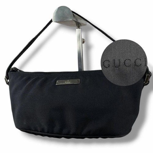 GUCCI Nylon Canvas Handbag Accessory Pouch Black Vintage Logo Plate Used Japan