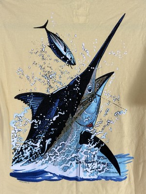 FISHING GUY HARVEY YELLOW BLUE MARLIN  POCKET T-SHIRT MENS SMALL Ocean Fish