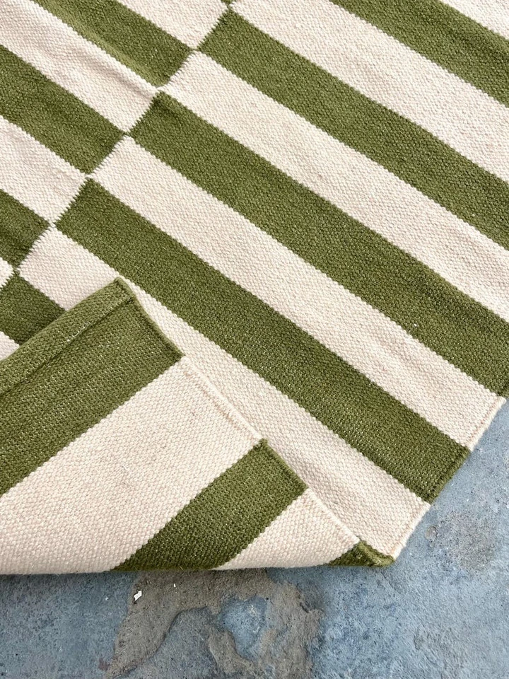 Striped Wool Rug Modern Living Flatweave kilim Green/White Wool Area Rug Runner - Image 2 of 4