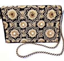 Vintage Zardozi Amber White Stones Gold Embroidered Velvet Beaded Clutch Purse