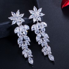 Sparkling 5A Cubic Zircon Flower Leaf Dangling Silver Plated Long Drop Earrings
