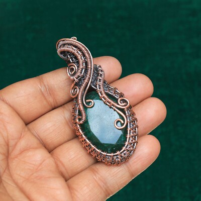 Unique Copper Wire Wrap Jewelry Handmade Faceted Emerald Gemstone Pendant NK692