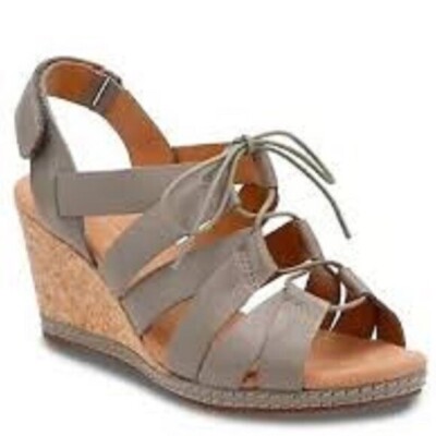 CLARKS Collection Helio Mendin Wedges Womens size 10 Tan Lace Up Cork Taupe Jute